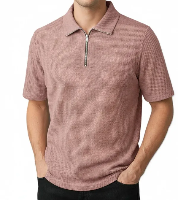 Pink_Cotton_Blend_Self_Design_Zip_Neck_T-Shirt_For_Men