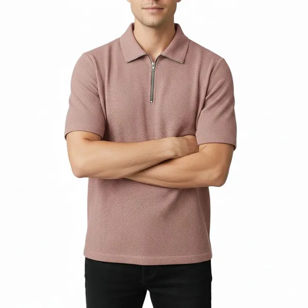 Pink_Cotton_Blend_Self_Design_Zip_Neck_T-Shirt_For_Men