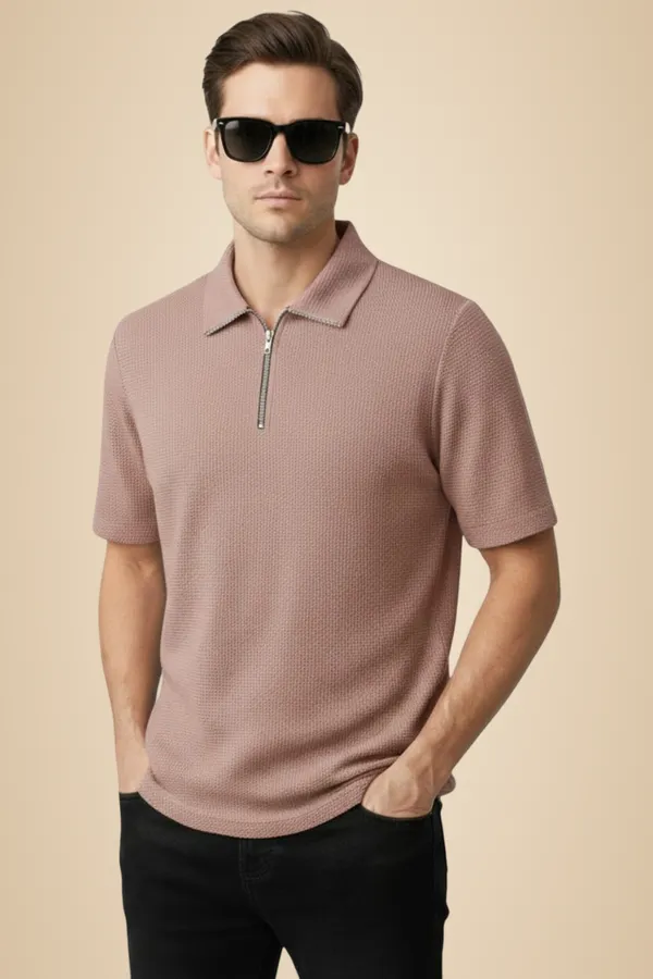 Pink_Cotton_Blend_Self_Design_Zip_Neck_T-Shirt_For_Men