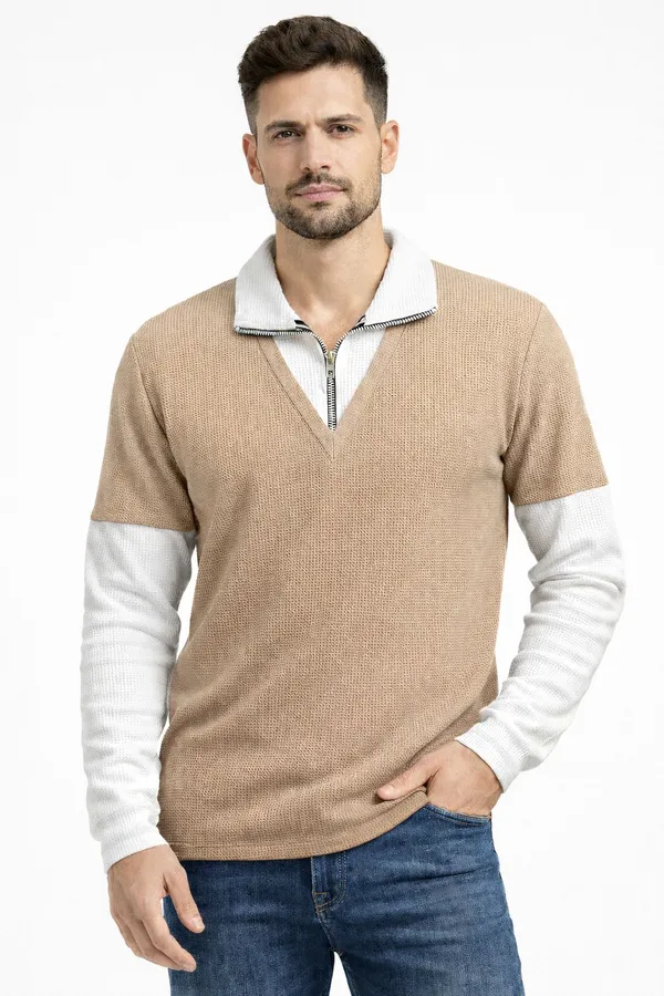 Beige_Cotton_Blend_Self_Design_Zip_Neck_T-Shirt_For_Men