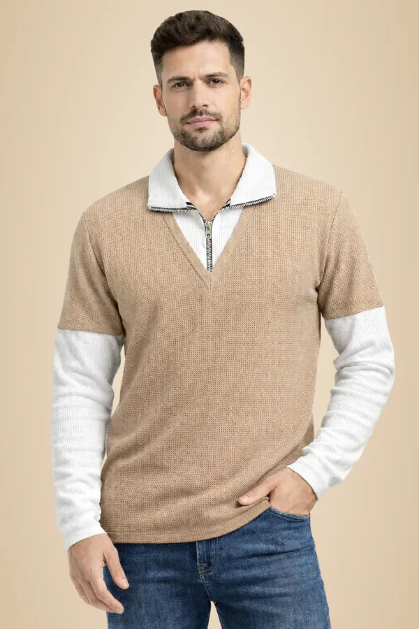 Beige_Cotton_Blend_Self_Design_Zip_Neck_T-Shirt_For_Men
