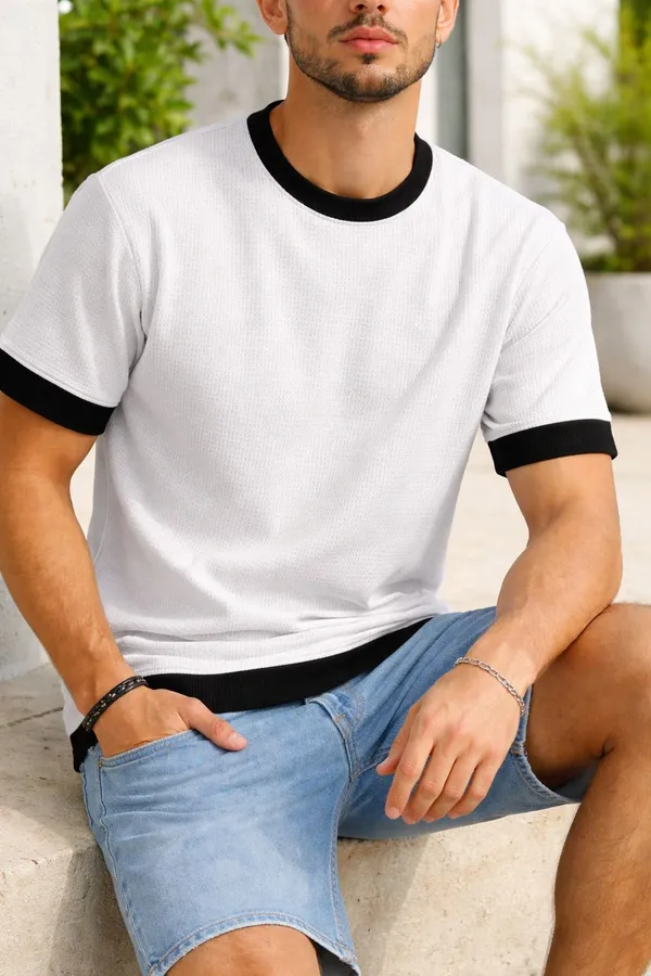 White_Cotton_Blend_Solid_Self_Design_Colorblock_Crew_Neck_T-Shirt_For_Men