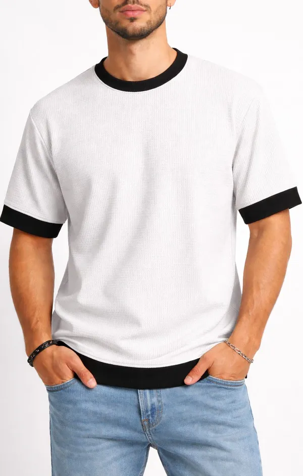 White_Cotton_Blend_Solid_Self_Design_Colorblock_Crew_Neck_T-Shirt_For_Men