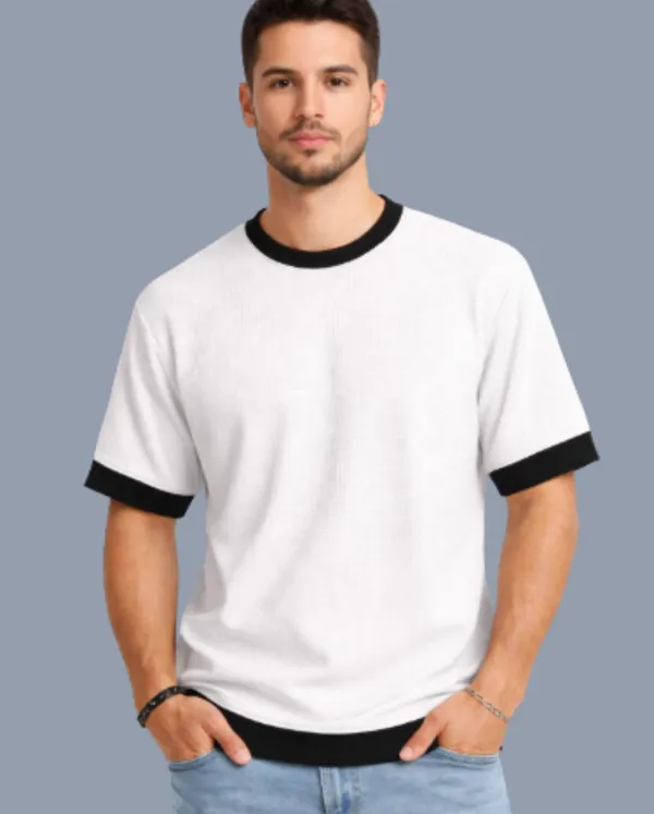 White_Cotton_Blend_Solid_Self_Design_Colorblock_Crew_Neck_T-Shirt_For_Men