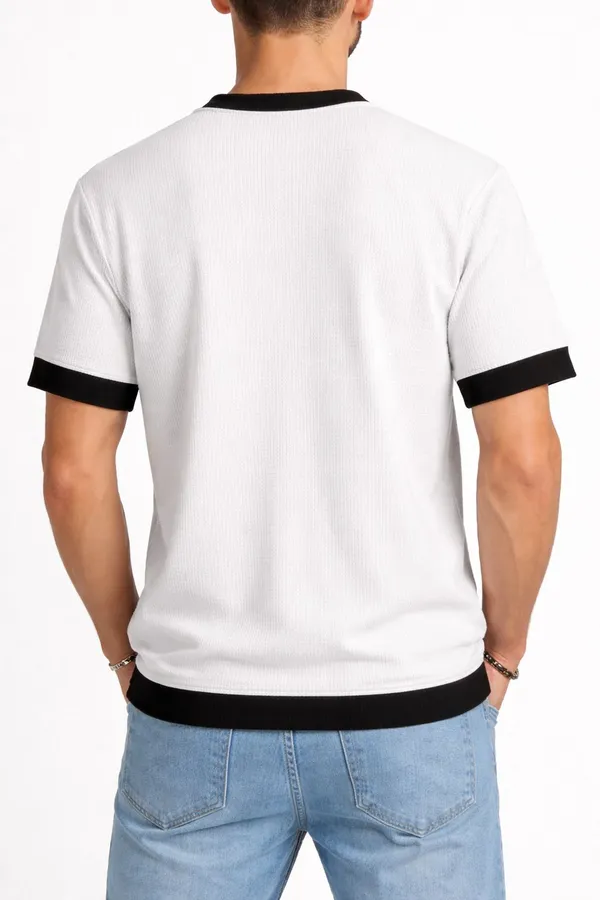 White_Cotton_Blend_Solid_Self_Design_Colorblock_Crew_Neck_T-Shirt_For_Men