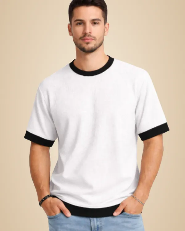 White_Cotton_Blend_Solid_Self_Design_Colorblock_Crew_Neck_T-Shirt_For_Men