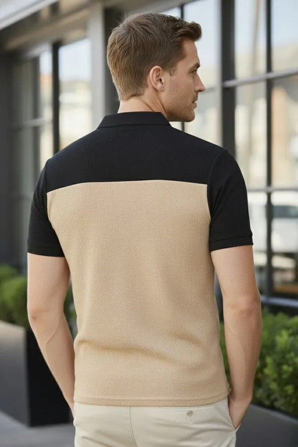 Black_And_Beige_Cotton_Blend_Colorblock_Self_Design_Polo_Neck_T-Shirt_For_Men