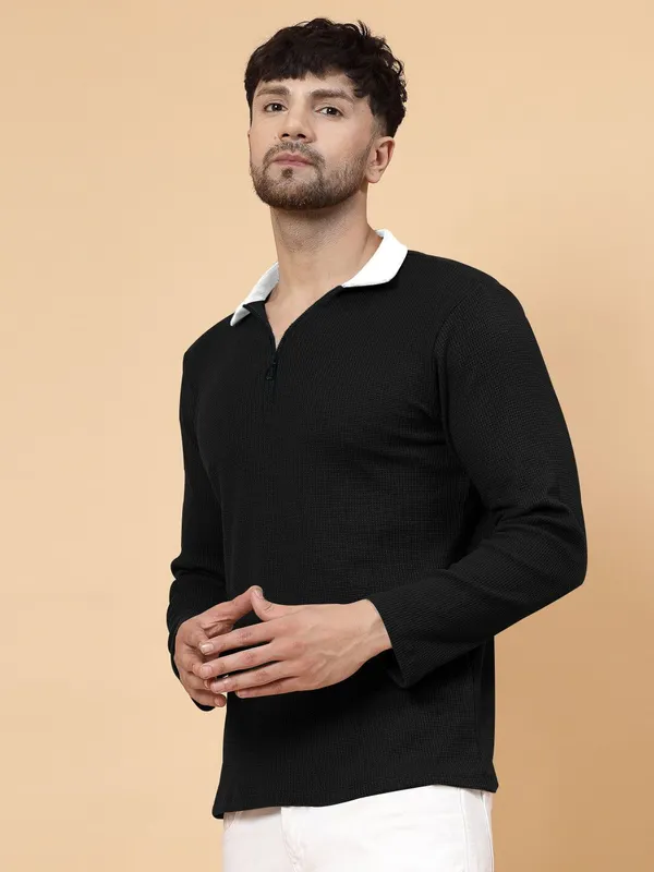 Black_Cotton_Blend_Solid_Polo_Neck_T-Shirt_For_Men