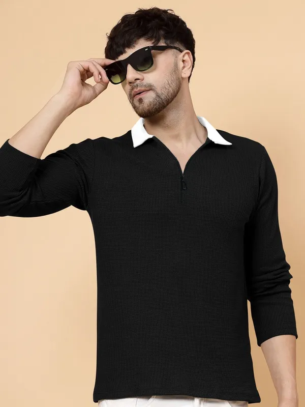 Black_Cotton_Blend_Solid_Polo_Neck_T-Shirt_For_Men
