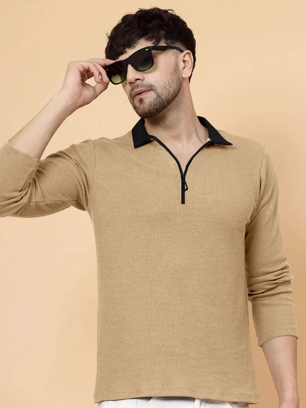 Beige_Cotton_Blend_Solid_Polo_Neck_T-Shirt_For_Men