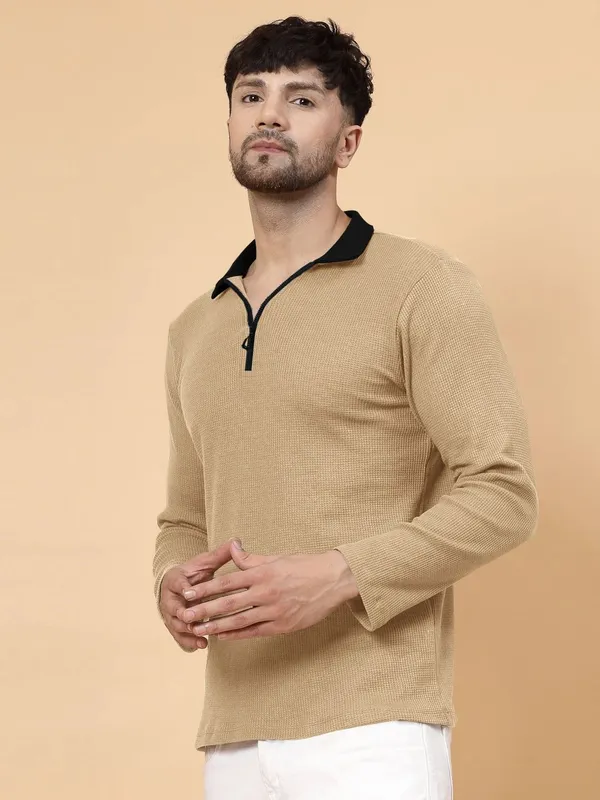 Beige_Cotton_Blend_Solid_Polo_Neck_T-Shirt_For_Men