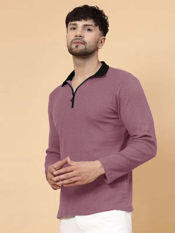 Pink_Cotton_Blend_Solid_Polo_Neck_T-Shirt_For_Men