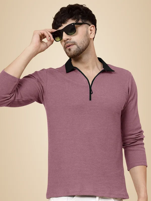 Pink_Cotton_Blend_Solid_Polo_Neck_T-Shirt_For_Men