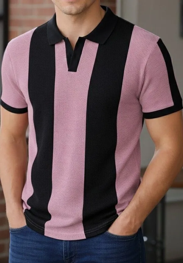 Pink_And_Black_Cotton_Blend_Striped_Self_Design_Solid_Polo_Neck_T-Shirt_For_Men