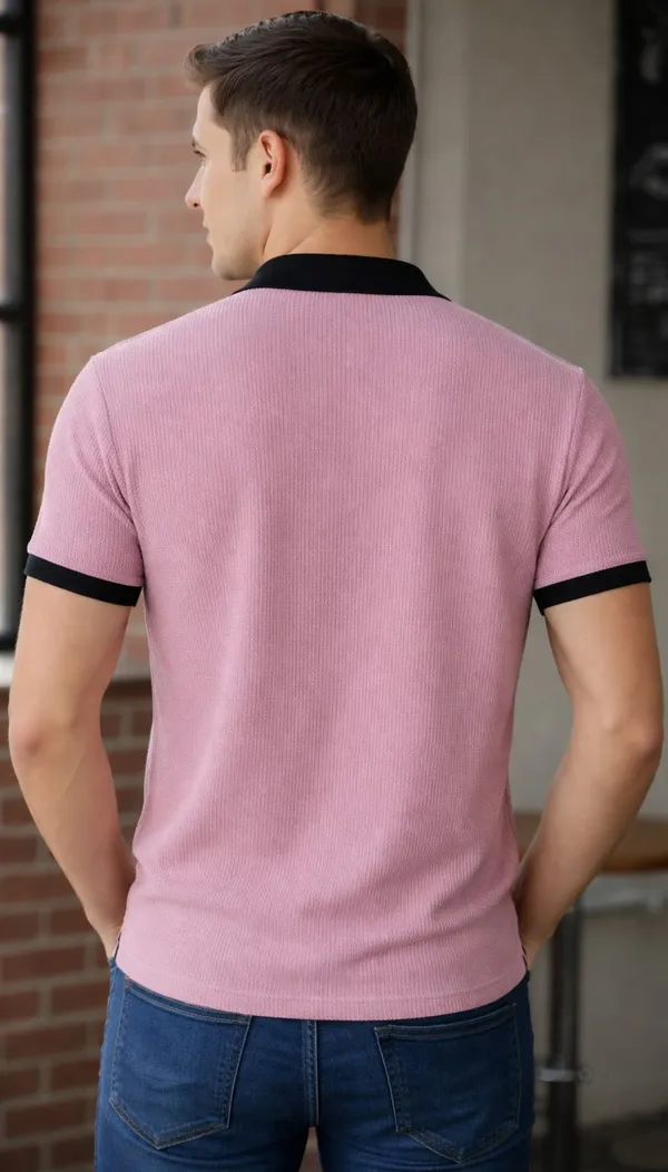 Pink_And_Black_Cotton_Blend_Striped_Self_Design_Solid_Polo_Neck_T-Shirt_For_Men