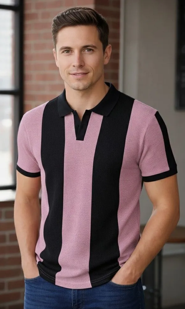 Pink_And_Black_Cotton_Blend_Striped_Self_Design_Solid_Polo_Neck_T-Shirt_For_Men