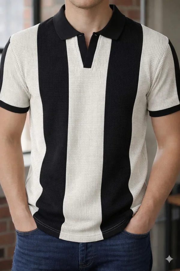 Black_And_White_Cotton_Blend_Striped_Self_Design_Solid_Polo_Neck_T-Shirt_For_Men