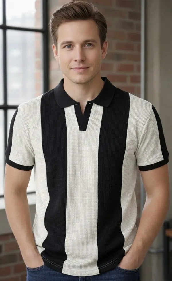 Black_And_White_Cotton_Blend_Striped_Self_Design_Solid_Polo_Neck_T-Shirt_For_Men