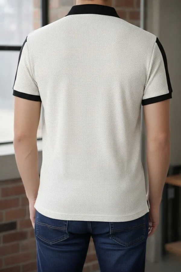Black_And_White_Cotton_Blend_Striped_Self_Design_Solid_Polo_Neck_T-Shirt_For_Men