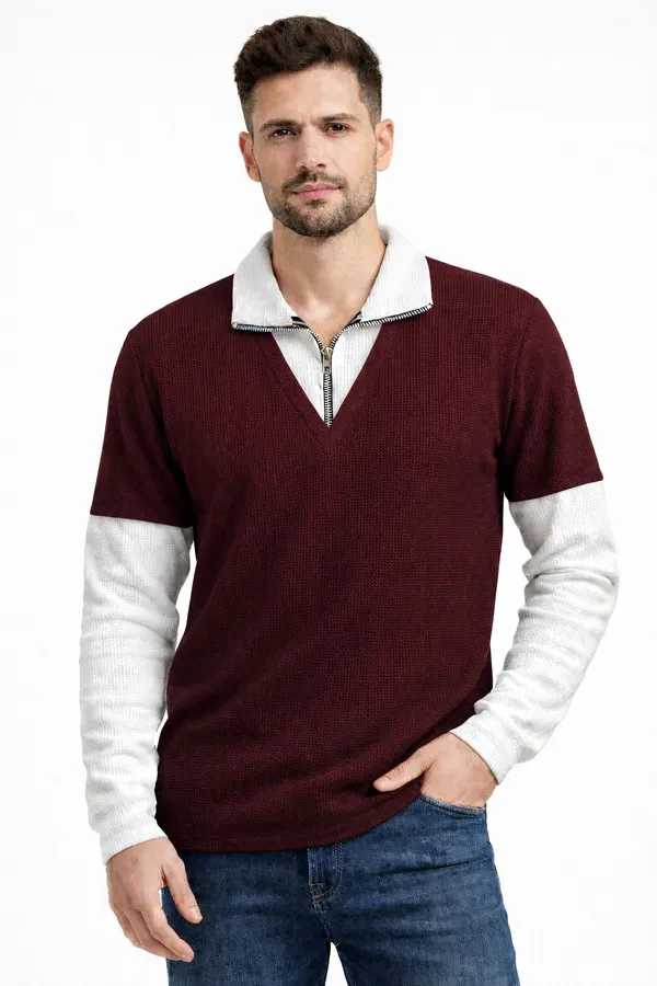 Maroon_Cotton_Blend_Self_Design_Zip_Neck_T-Shirt_For_Men