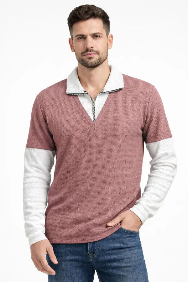Pink_Cotton_Blend_Self_Design_Zip_Neck_T-Shirt_For_Men