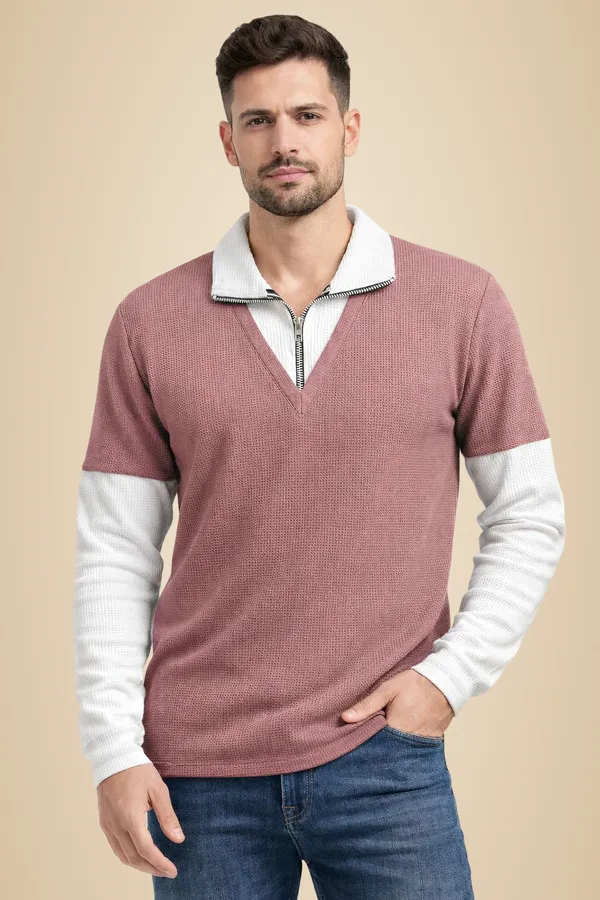 Pink_Cotton_Blend_Self_Design_Zip_Neck_T-Shirt_For_Men