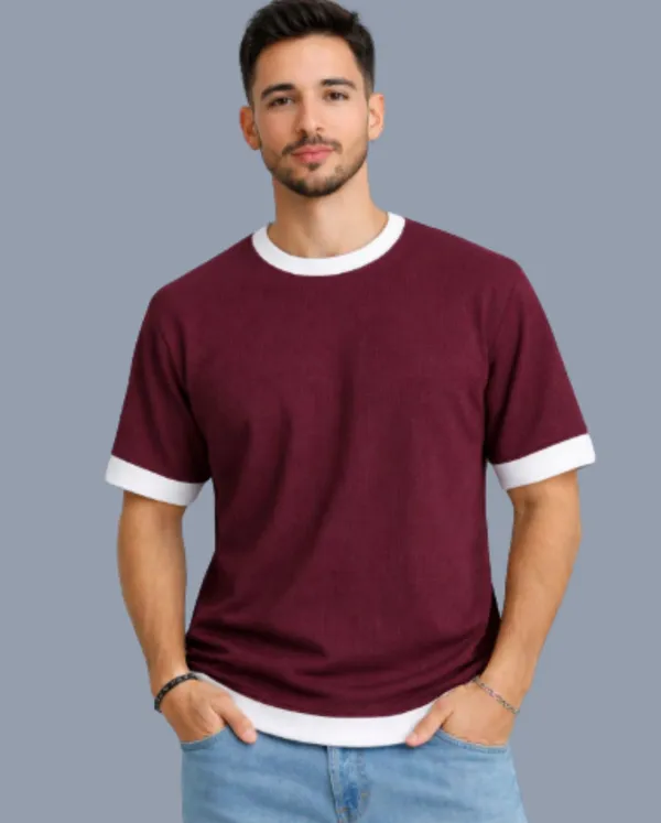 Maroon_Cotton_Blend_Solid_Self_Design_Colorblock_Crew_Neck_T-Shirt_For_Men