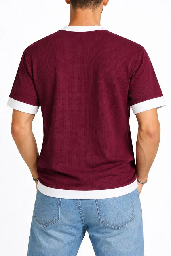 Maroon_Cotton_Blend_Solid_Self_Design_Colorblock_Crew_Neck_T-Shirt_For_Men