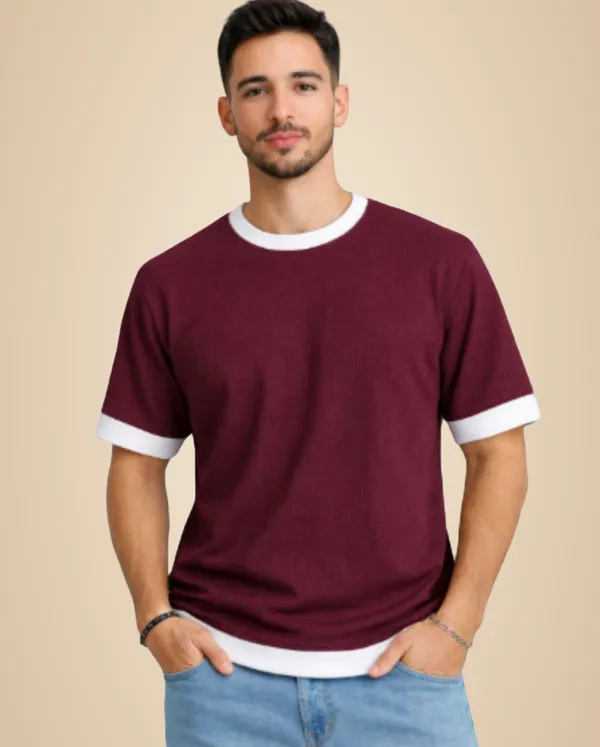 Maroon_Cotton_Blend_Solid_Self_Design_Colorblock_Crew_Neck_T-Shirt_For_Men