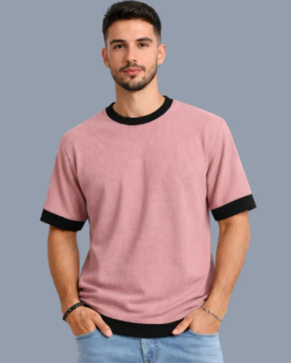 Pink_Cotton_Blend_Solid_Self_Design_Colorblock_Crew_Neck_T-Shirt_For_Men