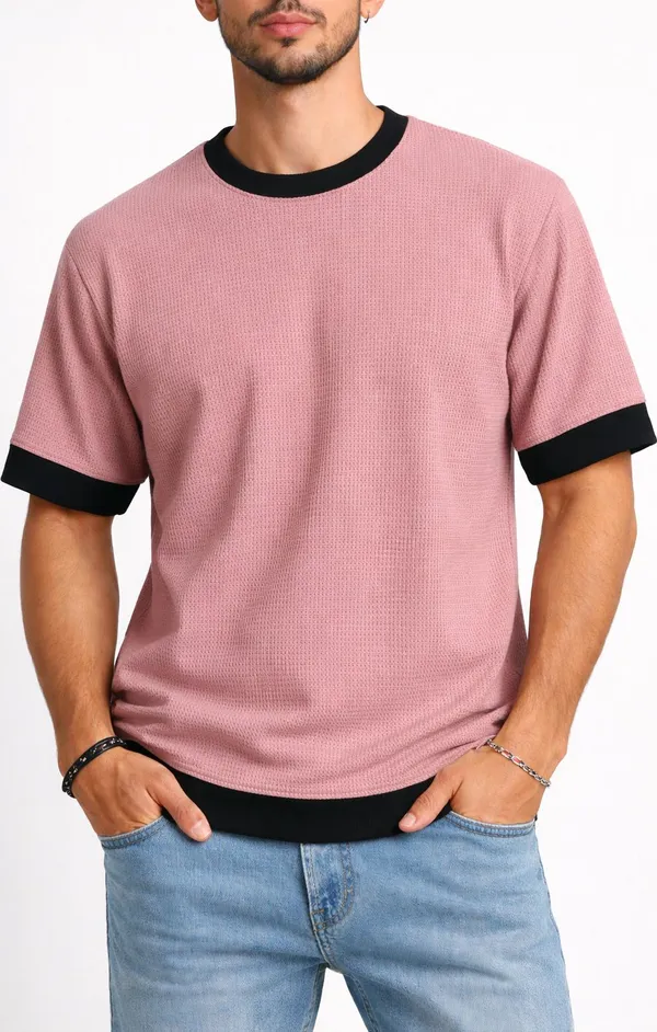Pink_Cotton_Blend_Solid_Self_Design_Colorblock_Crew_Neck_T-Shirt_For_Men