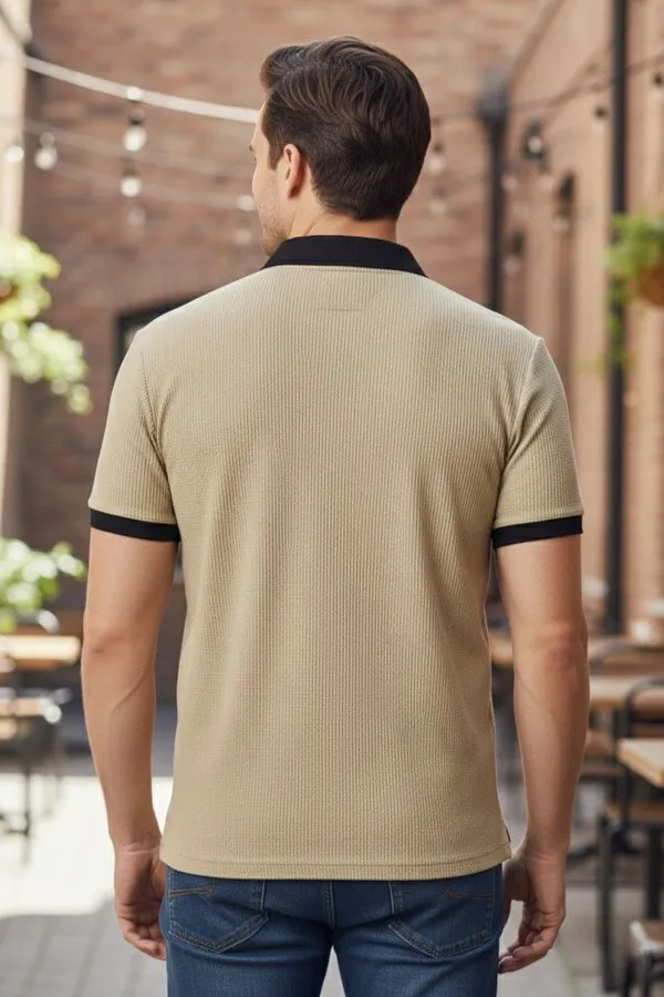 Beige_Cotton_Blend_Solid_Self_Design_Polo_Neck_T-Shirt_For_Men