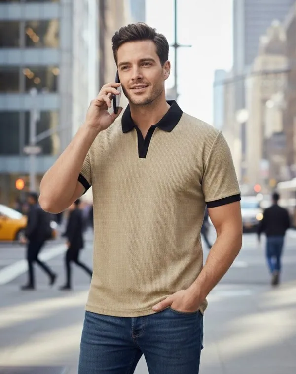 Beige_Cotton_Blend_Solid_Self_Design_Polo_Neck_T-Shirt_For_Men