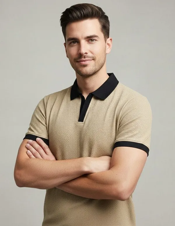 Beige_Cotton_Blend_Solid_Self_Design_Polo_Neck_T-Shirt_For_Men