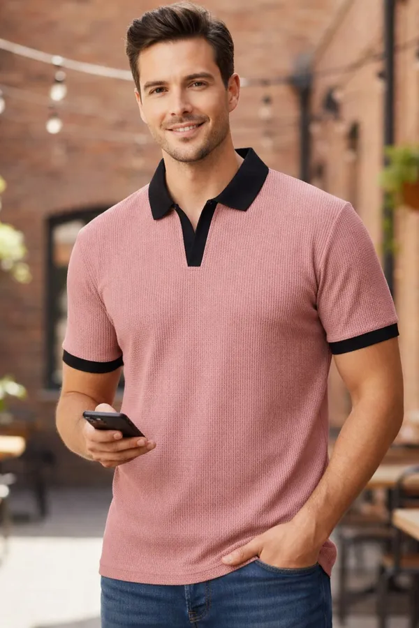 Pink_Cotton_Blend_Solid_Self_Design_Polo_Neck_T-Shirt_For_Men