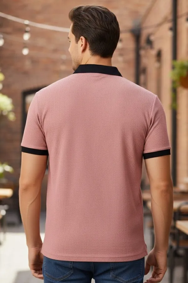 Pink_Cotton_Blend_Solid_Self_Design_Polo_Neck_T-Shirt_For_Men