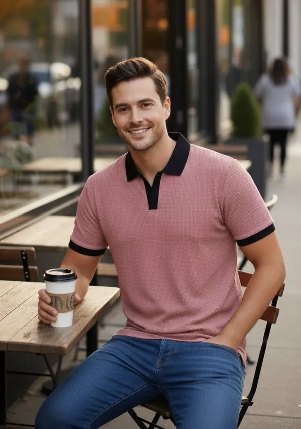 Pink_Cotton_Blend_Solid_Self_Design_Polo_Neck_T-Shirt_For_Men