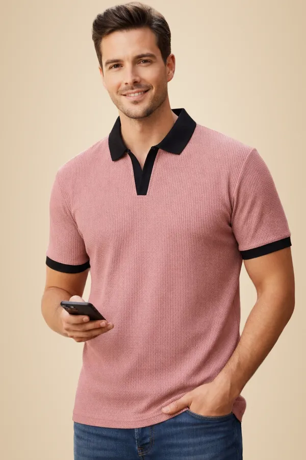 Pink_Cotton_Blend_Solid_Self_Design_Polo_Neck_T-Shirt_For_Men