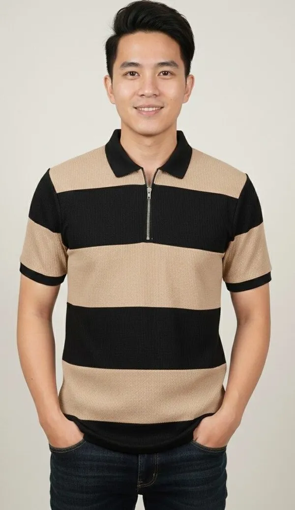 Black_And_Beige_Cotton_Blend_Striped_Self_Design_Colorblock_Polo_Neck_T-Shirt_For_Men