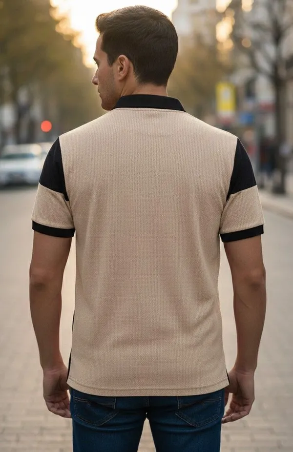 Black_And_Beige_Cotton_Blend_Striped_Self_Design_Colorblock_Polo_Neck_T-Shirt_For_Men