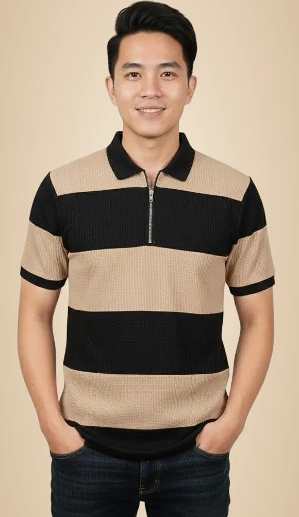 Black_And_Beige_Cotton_Blend_Striped_Self_Design_Colorblock_Polo_Neck_T-Shirt_For_Men