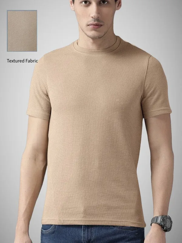 Beige_Cotton_Blend_Checkered_Round_Neck_T-Shirt_For_Men
