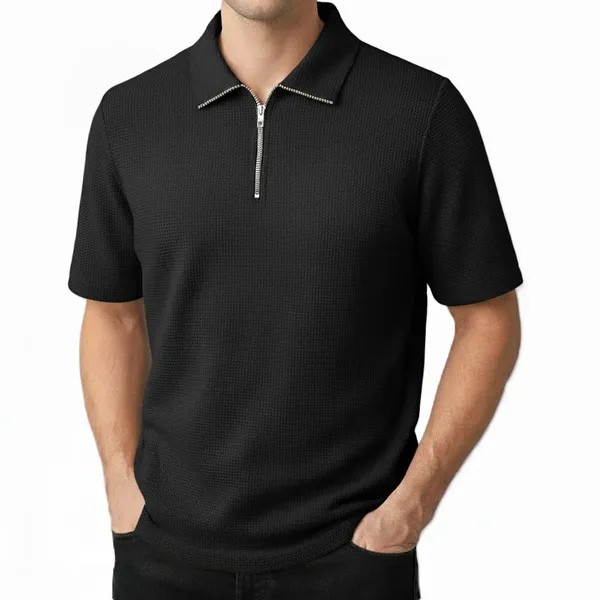 Black_Cotton_Blend_Self_Design_Zip_Neck_T-Shirt_For_Men