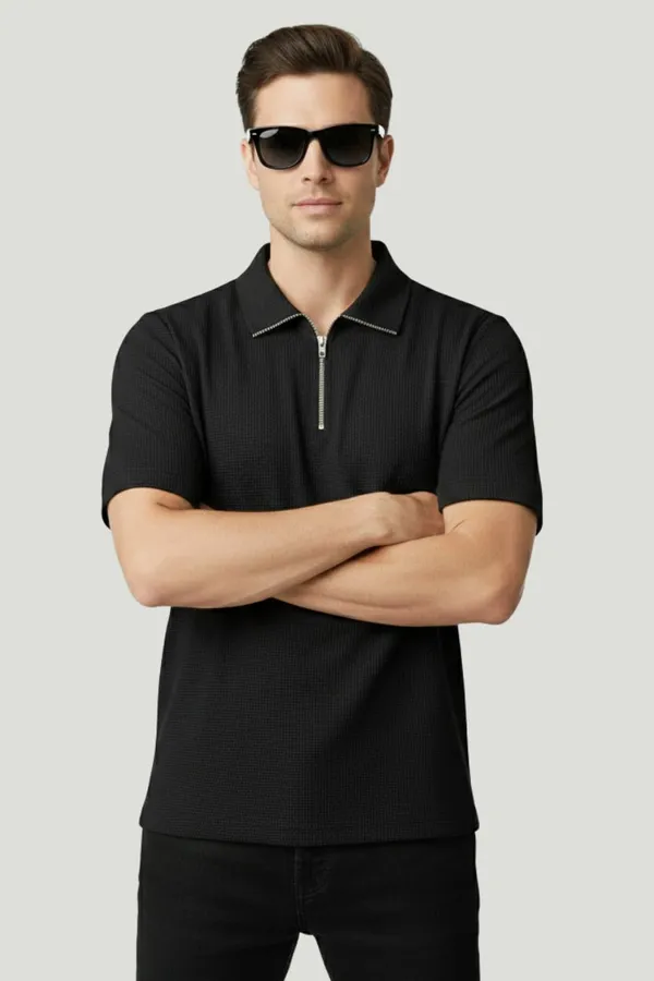 Black_Cotton_Blend_Self_Design_Zip_Neck_T-Shirt_For_Men