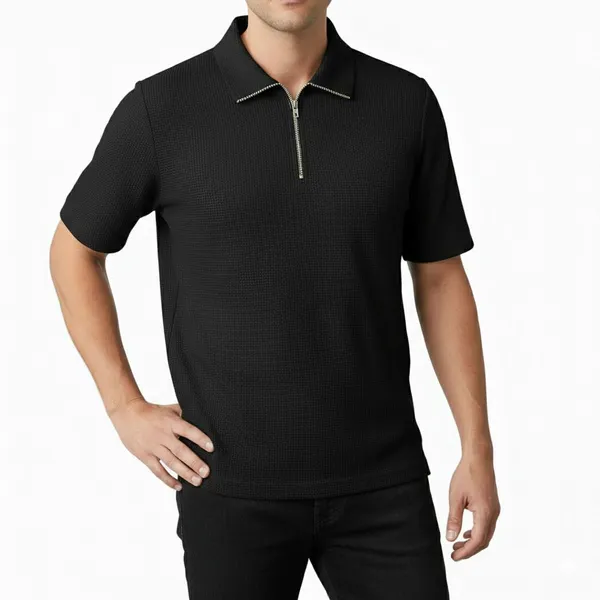 Black_Cotton_Blend_Self_Design_Zip_Neck_T-Shirt_For_Men