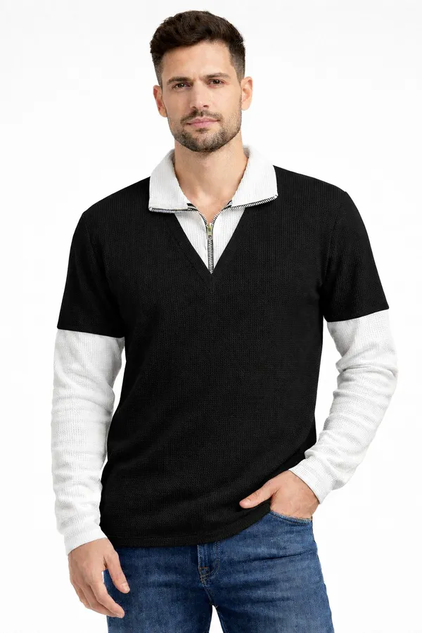 Black_Cotton_Blend_Self_Design_Zip_Neck_T-Shirt_For_Men