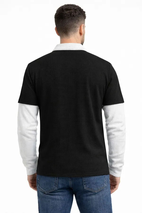 Black_Cotton_Blend_Self_Design_Zip_Neck_T-Shirt_For_Men