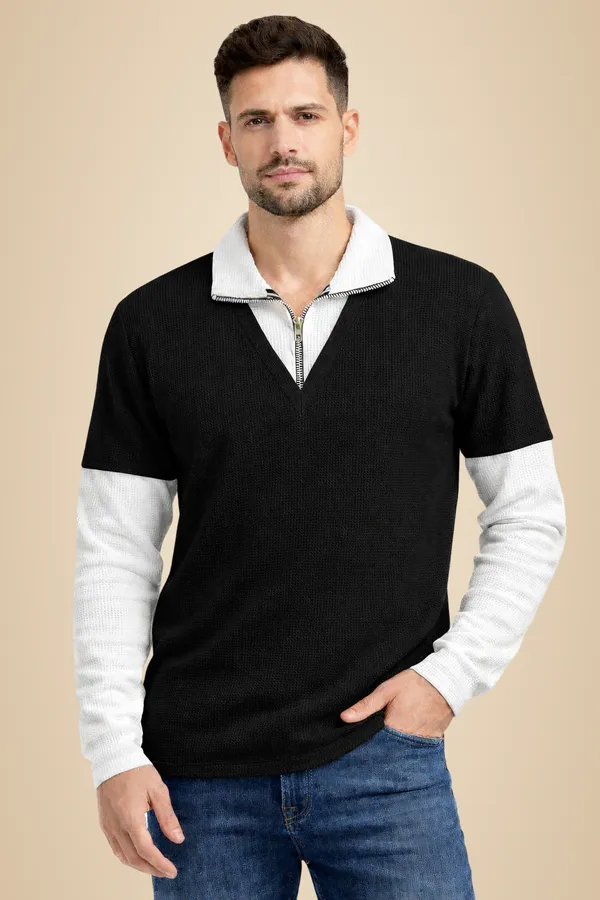 Black_Cotton_Blend_Self_Design_Zip_Neck_T-Shirt_For_Men