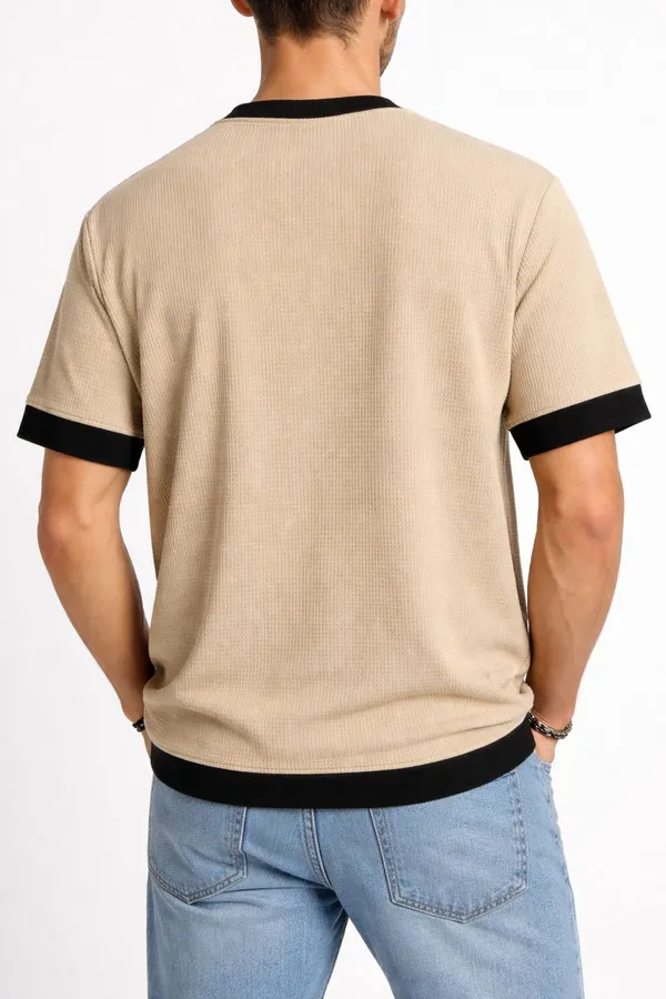 Beige_Cotton_Blend_Solid_Self_Design_Colorblock_Crew_Neck_T-Shirt_For_Men