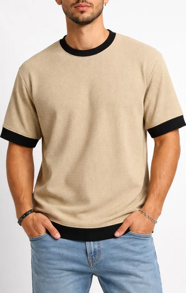 Beige_Cotton_Blend_Solid_Self_Design_Colorblock_Crew_Neck_T-Shirt_For_Men